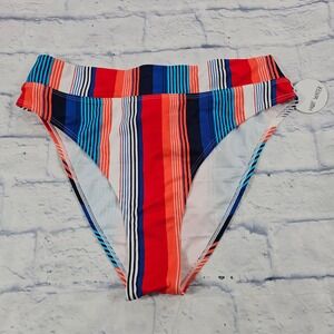 Hot Water Bikini Bottom Women XL Red Blue Striped High Waisted Swim Beach